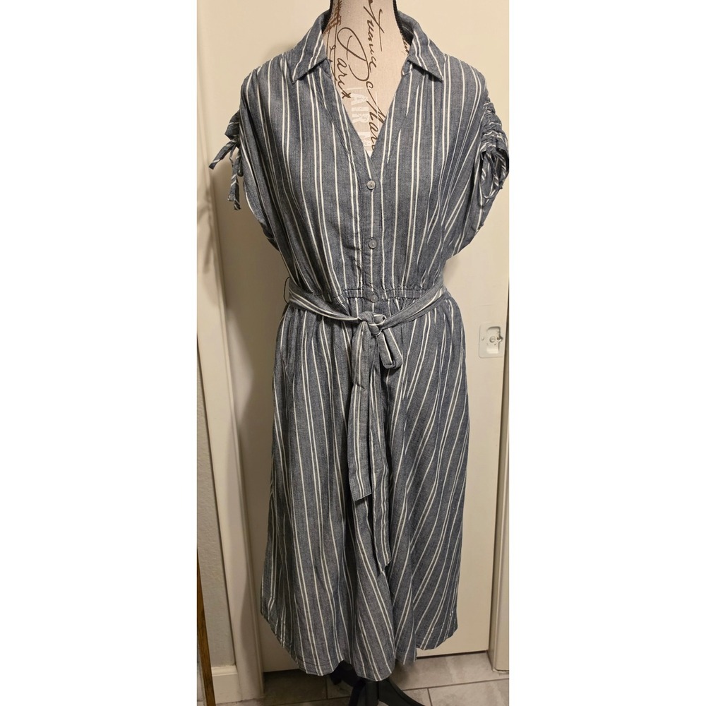 Time and Tru Women Blue White Striped Linen Blend Midi Shirtdress Size M 8-10